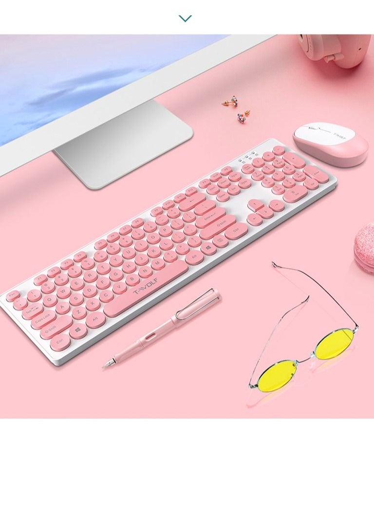 T-WOLF - 2.4G Wireless Keyboard Mouse Combo Retro Punk Round Keycap Comfortable Mute Typing Wide Compatibility Pink - Image 1