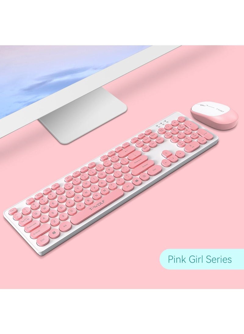 T-WOLF - 2.4G Wireless Keyboard Mouse Combo Retro Punk Round Keycap Comfortable Mute Typing Wide Compatibility Pink - Image 1
