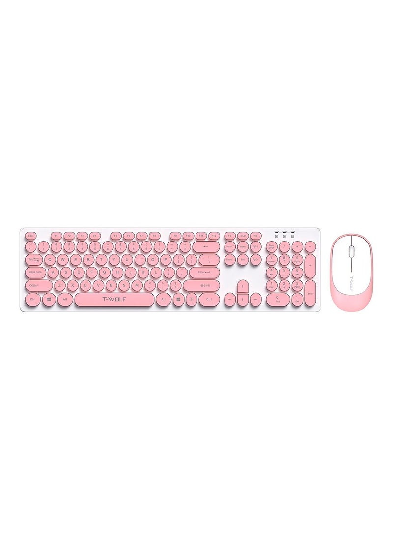 T-WOLF - 2.4G Wireless Keyboard Mouse Combo Retro Punk Round Keycap Comfortable Mute Typing Wide Compatibility Pink - Image 1