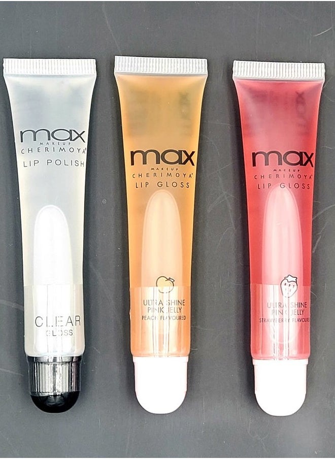 Cherimoya Variety Set Of 3 MAX Lip Gloss Clear, Peach, Strawberry Gloss (Clear+Peach+Strawberry)  - Image 1