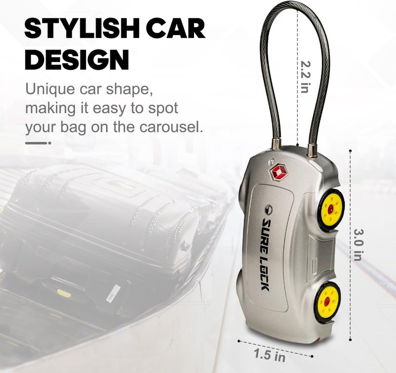 SURE LOCK TSA Approved Luggage Locks, 4 Digit Combination Travel Luggage Locks Resettable Code Lock with Zinc Alloy Body for Suitcase, Toolbox, Backpack, Bag, Gym Locker Car Shape Design 1 Pack Grey - Image 5