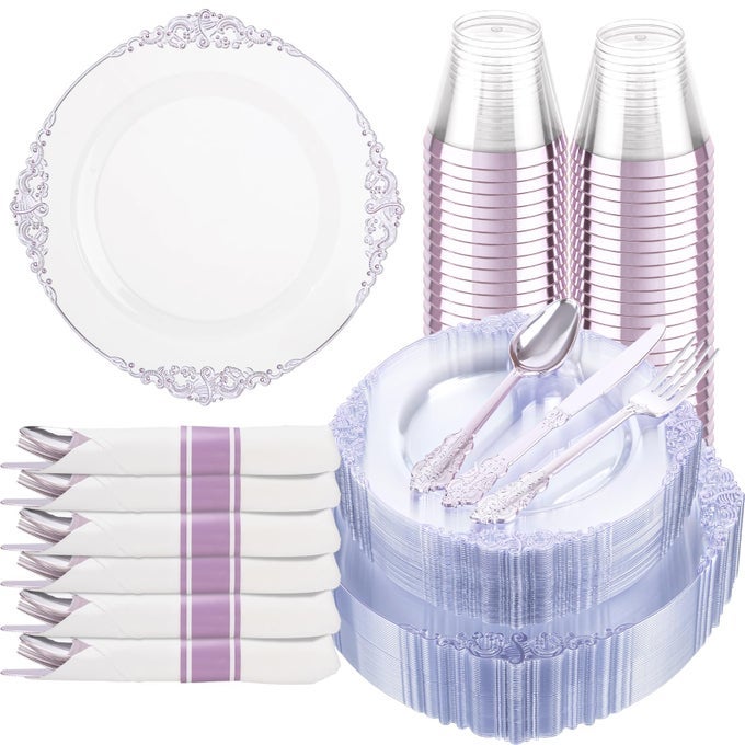 175PCS CLEAR PURPLE PLASTIC PLATES ELEGANT DISPOSABLE DINNERWARE SET SUITABLE FOR 25 GUESTS INCLUDE 1025 DINNER 75 DESSERT PLATES PRE ROLLED SILVERWARE SET CUPS FOR PARTY WEDDING