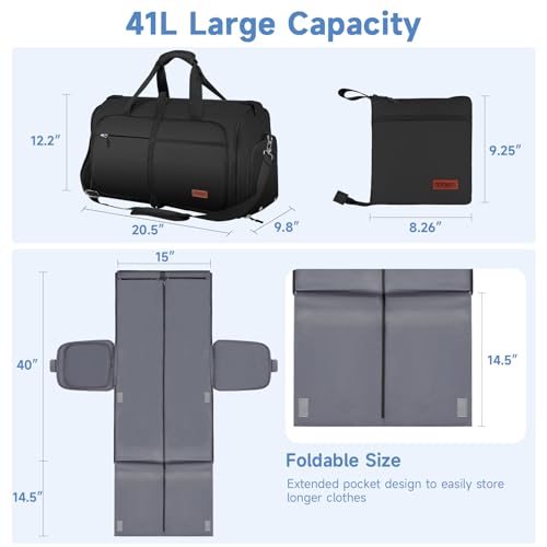 Ytonet Garment Bags for Travel, Foldable Garment Duffle Bags for Women men, Convertible Travel Garment Bag with Shoe Compartment, 2 in 1 Hanging Suitcase Suit Water Resistant Weekender Bag, Black - Image 2