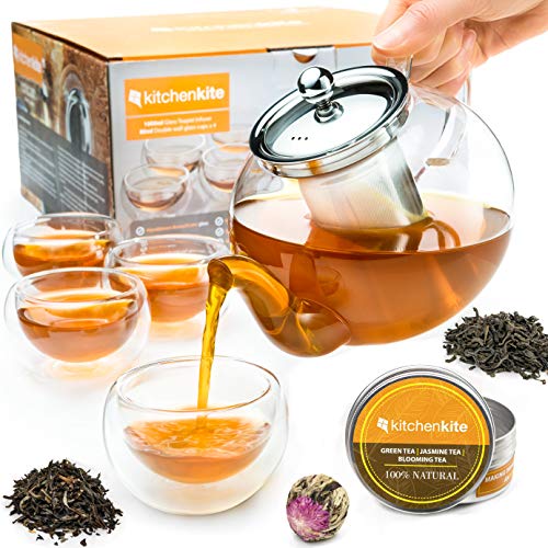Kitchen Kite Glass Teapot Set with 4 Double Wall Teacups & Removable Stainless Steel Infuser - Microwave Dishwasher Safe Clear Blooming Loose Leaf Teas, Tea Maker Gift - Image 1