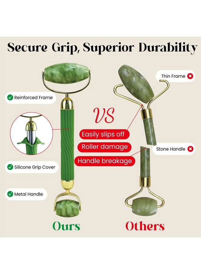 Rena Chris Gua Sha and Face Roller Set: Anti-Breakage Jade Roller for Long-Lasting Use, Jawline Sculpting and Puffiness Reducing, Gua Sha Facial Tools for Self Care Gift (Green) - Image 3