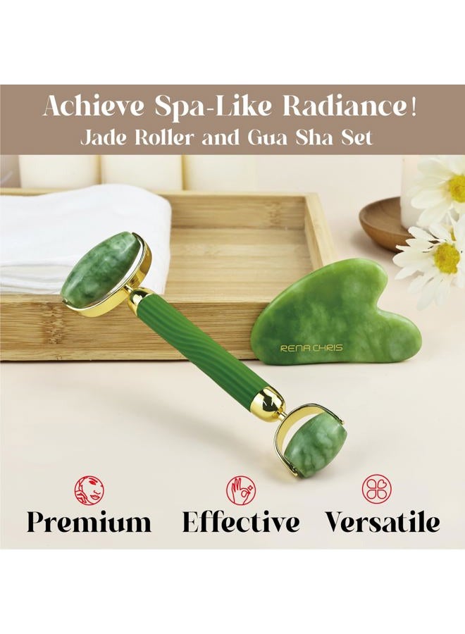 Rena Chris Gua Sha and Face Roller Set: Anti-Breakage Jade Roller for Long-Lasting Use, Jawline Sculpting and Puffiness Reducing, Gua Sha Facial Tools for Self Care Gift (Green) - Image 2