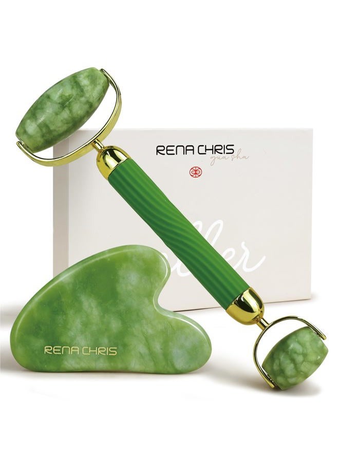 Rena Chris Gua Sha and Face Roller Set: Anti-Breakage Jade Roller for Long-Lasting Use, Jawline Sculpting and Puffiness Reducing, Gua Sha Facial Tools for Self Care Gift (Green) - Image 1