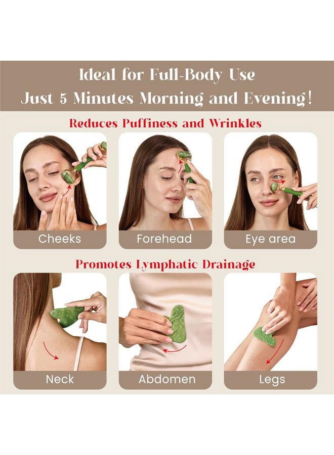 Rena Chris Gua Sha and Face Roller Set: Anti-Breakage Jade Roller for Long-Lasting Use, Jawline Sculpting and Puffiness Reducing, Gua Sha Facial Tools for Self Care Gift (Green) - Image 4