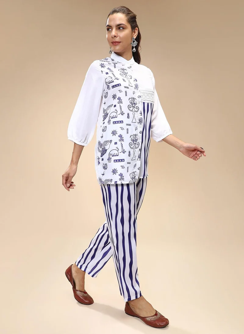 QISSA  Women's Navy Blue Striped Block Print Kurti With Trousers For Casual Wear | Mandarin Collar | Long Sleeves | 2 Piece Kurta Set Designed With Comfort Fit For Everyday Ethnic Wear for Women | Best Price UAE