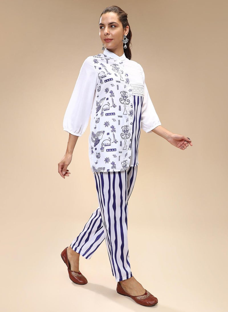 QISSA Women's Navy Blue Striped Block Print Kurti With Trousers For Casual Wear | Mandarin Collar | Long Sleeves | 2 Piece Kurta Set Designed With Comfort Fit For Everyday Ethnic Wear - Image 3