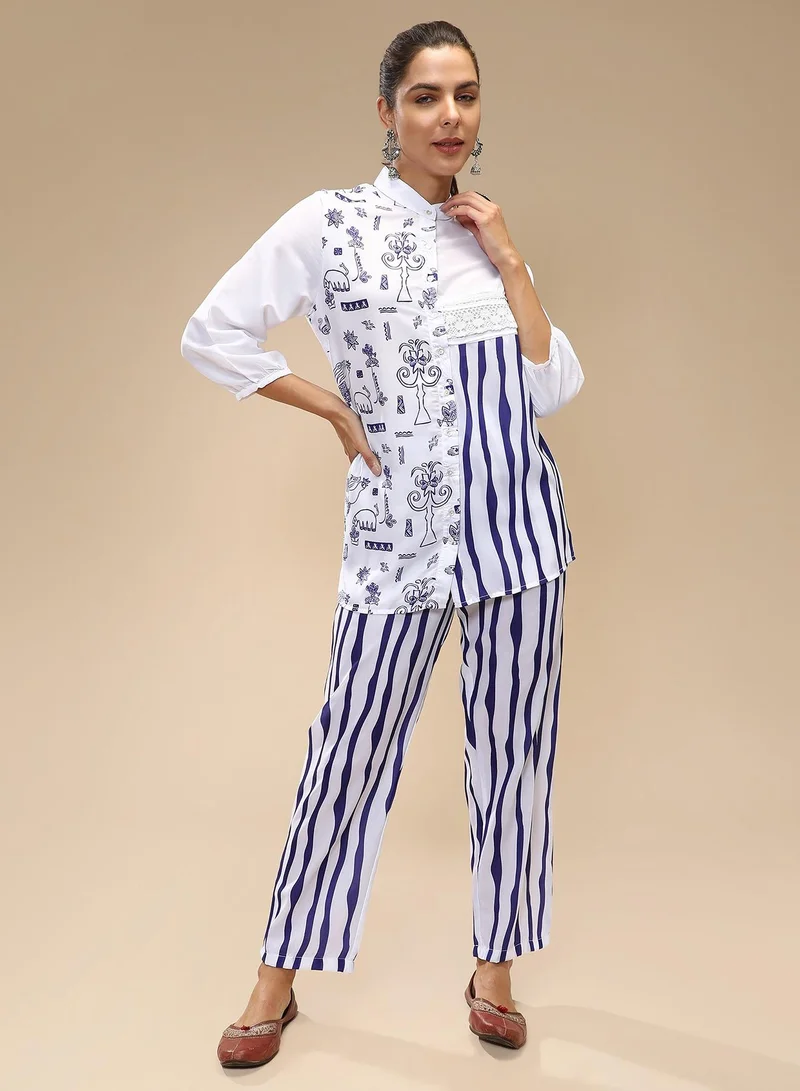 QISSA Women's Navy Blue Striped Block Print Kurti With Trousers For Casual Wear | Mandarin Collar | Long Sleeves | 2 Piece Kurta Set Designed With Comfort Fit For Everyday Ethnic Wear