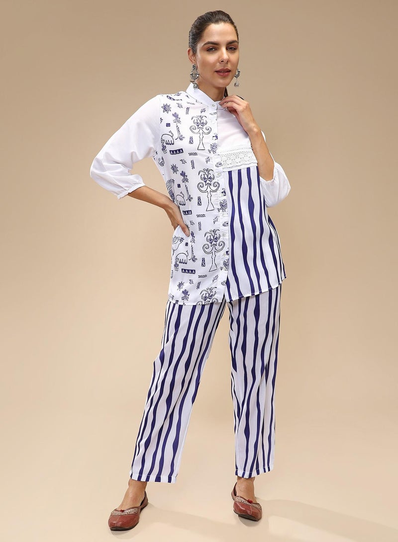 QISSA Women's Navy Blue Striped Block Print Kurti With Trousers For Casual Wear | Mandarin Collar | Long Sleeves | 2 Piece Kurta Set Designed With Comfort Fit For Everyday Ethnic Wear - Image 2