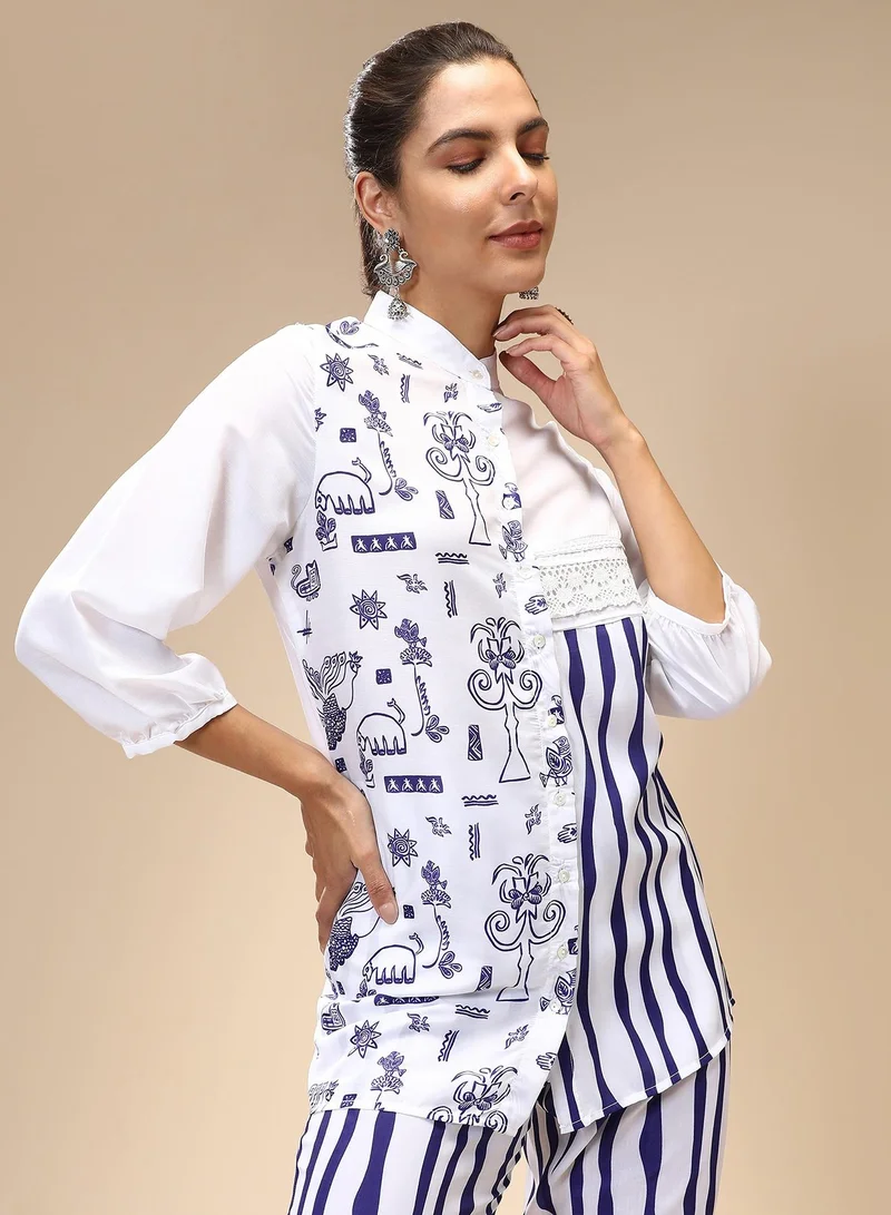 QISSA Women's Navy Blue Striped Block Print Kurti With Trousers For Casual Wear | Mandarin Collar | Long Sleeves | 2 Piece Kurta Set Designed With Comfort Fit For Everyday Ethnic Wear