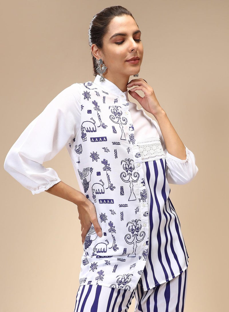 QISSA Women's Navy Blue Striped Block Print Kurti With Trousers For Casual Wear | Mandarin Collar | Long Sleeves | 2 Piece Kurta Set Designed With Comfort Fit For Everyday Ethnic Wear - Image 1