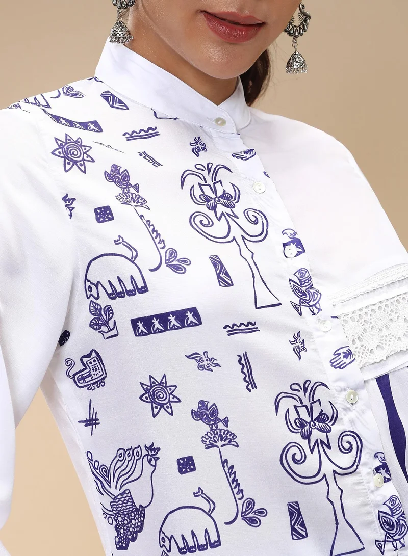 QISSA  Women's Navy Blue Striped Block Print Kurti With Trousers For Casual Wear | Mandarin Collar | Long Sleeves | 2 Piece Kurta Set Designed With Comfort Fit For Everyday Ethnic Wear for Women | Best Price UAE
