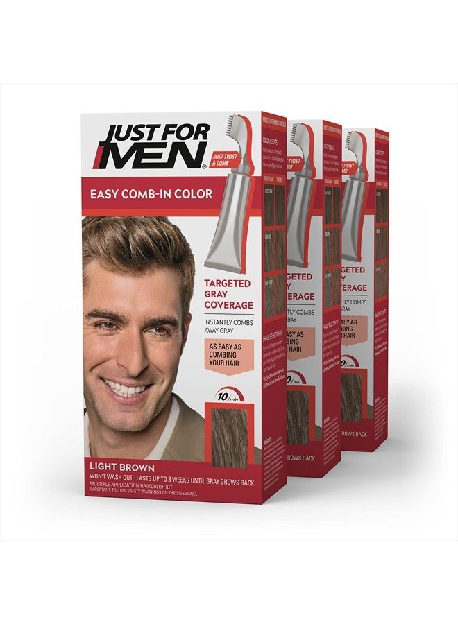 Just For Men Easy Comb-In Color Mens Hair Dye, Easy No Mix Application with Comb Applicator - Light Brown, A-25, Pack of 3 - Image 1