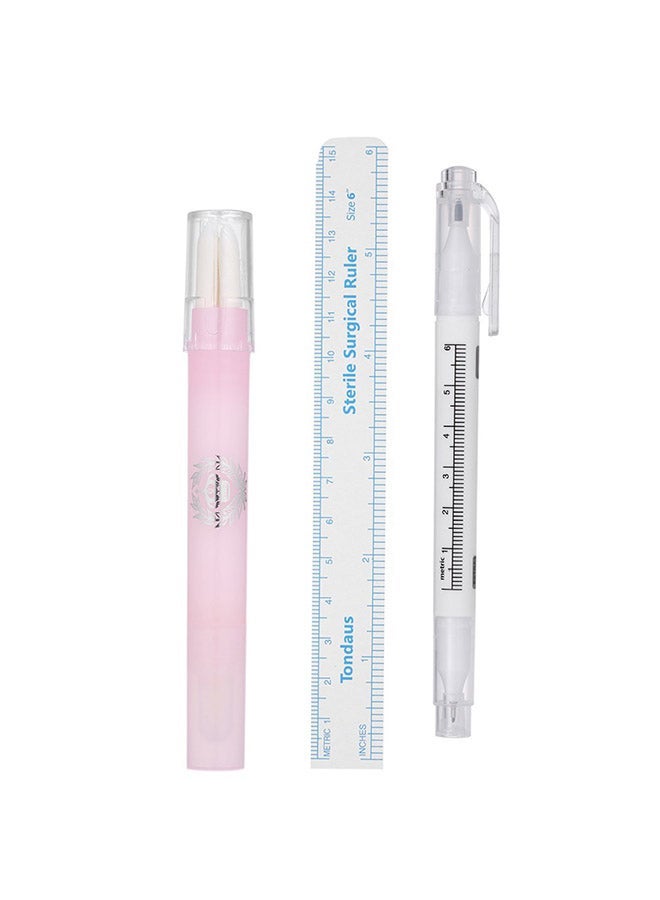 NIBEMINENT 3-Piece Double-Headed Tattoo Skin Marker Pen And Ruler Set White/Pink - Image 1