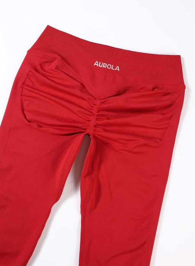 AUROLA Leggings تمارين تأثير للنساء، بنطلون يوجا متوسط الارتفاع مع تجاعيد جديدة، ليجنغز بدون seams للتحكم في البطن، أحمر حار، L - Image 4