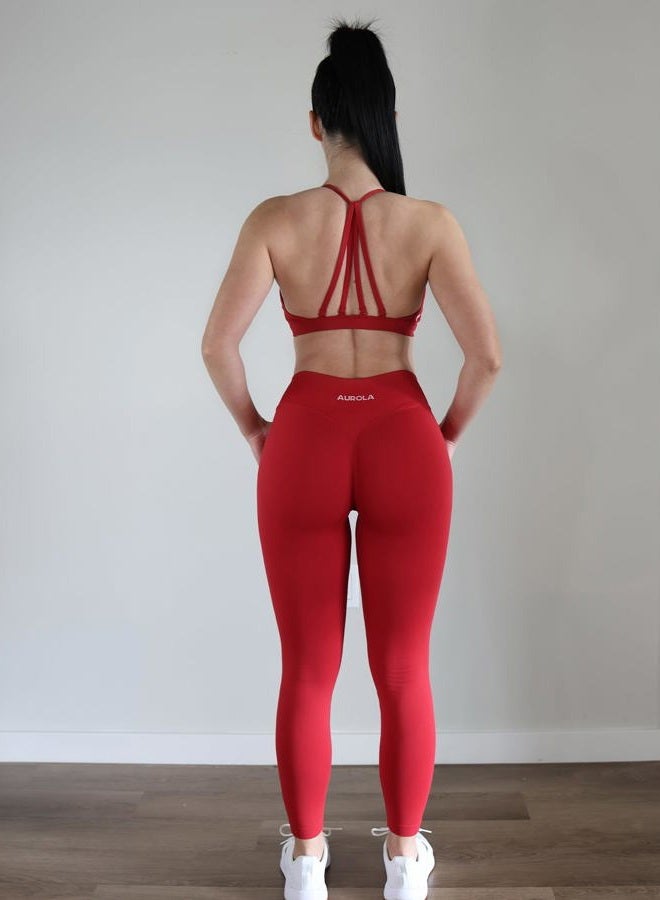 AUROLA Leggings تمارين تأثير للنساء، بنطلون يوجا متوسط الارتفاع مع تجاعيد جديدة، ليجنغز بدون seams للتحكم في البطن، أحمر حار، L - Image 5