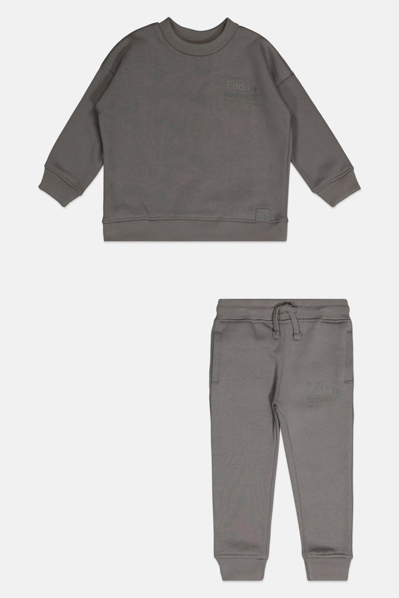Fudo Kids Boy 2 Pieces Brand Logo Long Sleeve Sweatshirt With Jogger Pants, Dark Grey - Image 2