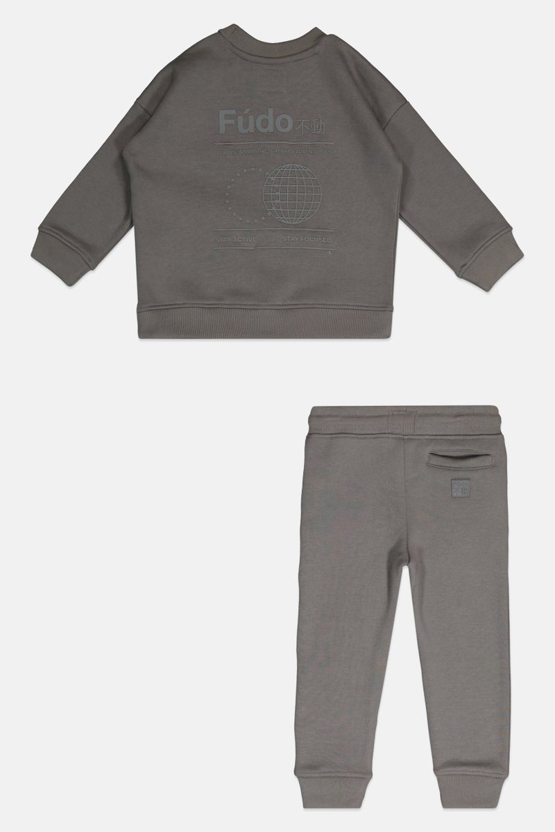 Fudo Kids Boy 2 Pieces Brand Logo Long Sleeve Sweatshirt With Jogger Pants, Dark Grey - Image 3