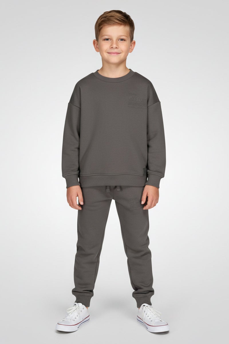 Fudo Kids Boy 2 Pieces Brand Logo Long Sleeve Sweatshirt With Jogger Pants, Dark Grey - Image 1