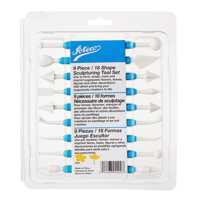 Ateco Sculpting Tool Set for Sugar Paste Decorations 9 Piece Set with 18 Shapes Food Grade Plastic with Nonslip Handles Blue