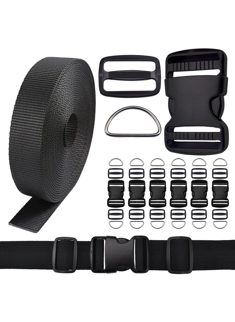 CooBigo CooBigo 1 Inch Buckles Straps Set 6 Yards Black Nylon Webbing Strap 6 Pcs Quick Side Release Plastic Buckle Dual Adjustable 12pcs Triglide Slide Clip 12 Pcs Metal D Rings 