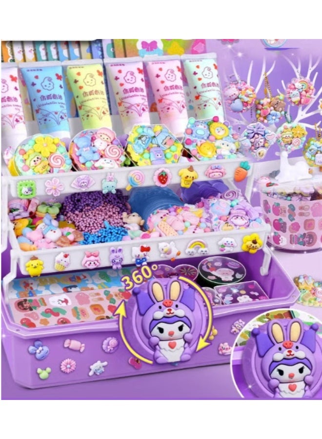 450 Pcs DIY Sticker & Cream Clay Glue Craft Set with Cartoon Stickers, Accessories & Key Chains, Portable Storage Box, Creative Art Handmade Kit for Kids, Perfect Gift for Girls