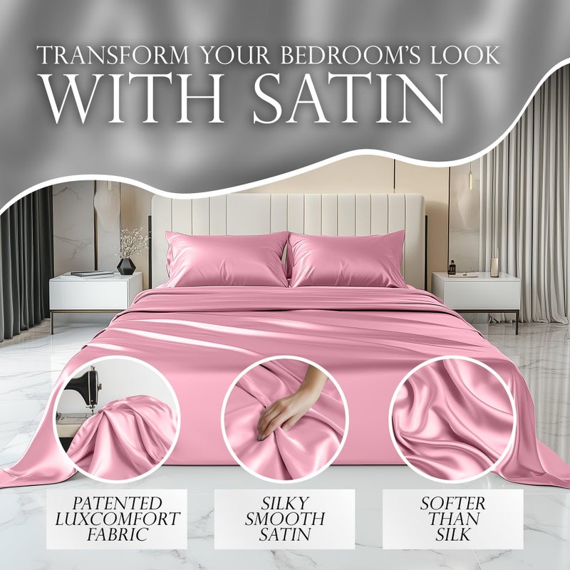DECOLURE Satin Sheets Queen Set 6pcs - Genuine and Luxurious Silk Touch Satin Sheets Queen w/Deep Pocket - Elegant All-Season Silky Soft Queen Size Bed Sheets - Comfy Satin Sheets Pink Set - Image 2