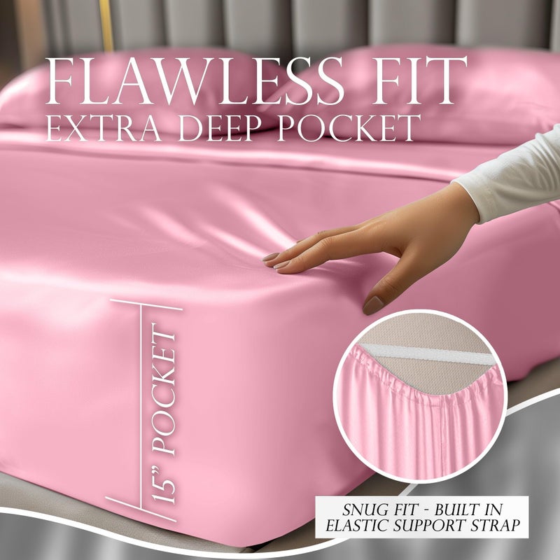 DECOLURE Satin Sheets Queen Set 6pcs - Genuine and Luxurious Silk Touch Satin Sheets Queen w/Deep Pocket - Elegant All-Season Silky Soft Queen Size Bed Sheets - Comfy Satin Sheets Pink Set - Image 4