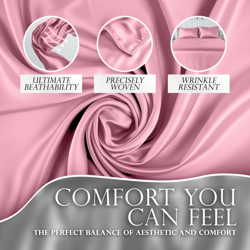 DECOLURE Satin Sheets Queen Set 6pcs - Genuine and Luxurious Silk Touch Satin Sheets Queen w/Deep Pocket - Elegant All-Season Silky Soft Queen Size Bed Sheets - Comfy Satin Sheets Pink Set - Image 3