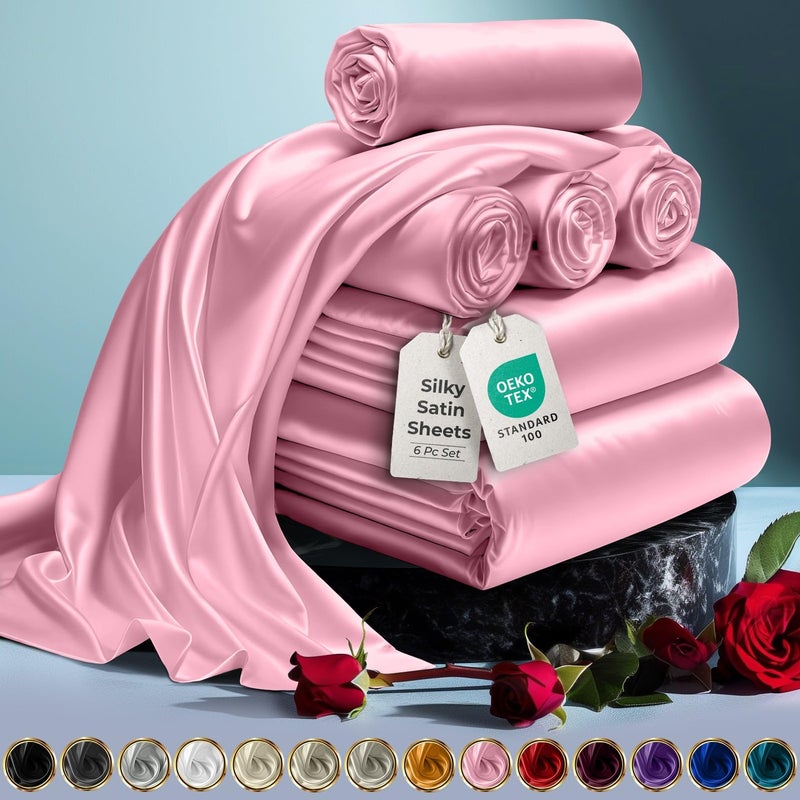 DECOLURE Satin Sheets Queen Set 6pcs - Genuine and Luxurious Silk Touch Satin Sheets Queen w/Deep Pocket - Elegant All-Season Silky Soft Queen Size Bed Sheets - Comfy Satin Sheets Pink Set - Image 1