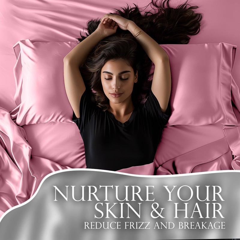 DECOLURE Satin Sheets Queen Set 6pcs - Genuine and Luxurious Silk Touch Satin Sheets Queen w/Deep Pocket - Elegant All-Season Silky Soft Queen Size Bed Sheets - Comfy Satin Sheets Pink Set - Image 5
