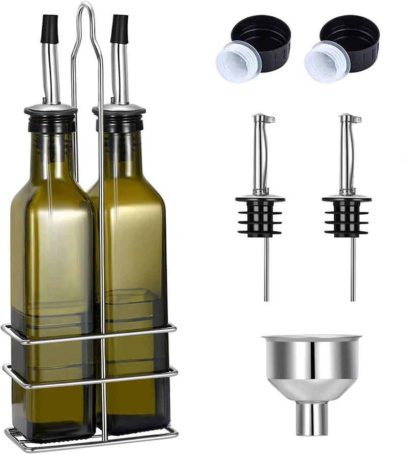 Gusnilo Glass Olive Oil Bottle - 250ml Second Generation Brown Oil & Vinegar Cruet with Pourers and Funnel - Olive Oil Carafe Decanter for Kitchen - (8.5 Oz Ounce)