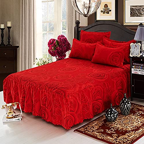 Zhiyuan Zhiyuan California King Size Bed Skirt Set Rose Ruffle Bed Sheet Red Bedspread and 2 Pillow Shams 