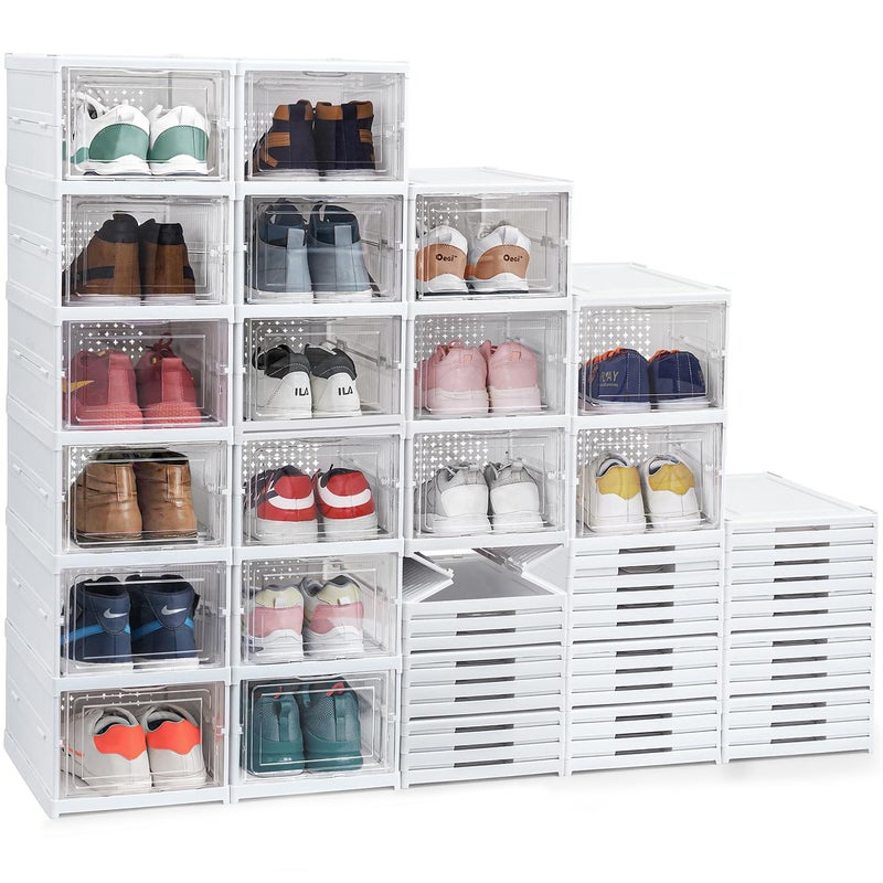 ABOUT SPACE Sneaker Box 12 Pair Shoe Rack Collapsible Shoe Organiser With DoorFoldable Sneaker Crates Footwear Organiser For Men Women Heels Boots Loafers Sneakers Slippers White Plastic