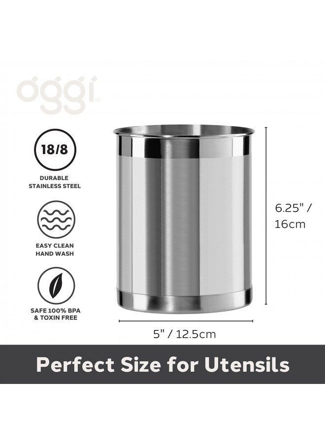 Oggi Stainless Steel Utensil Holder - 5" Diameter, Utensil Caddy, Weighted Base for Stability - Larger-Sized Utensil Crock and Countertop Utensil Organizer, Stainless Steel - Image 5