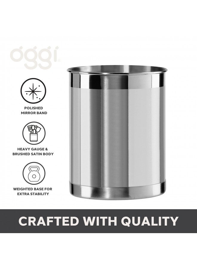 Oggi Stainless Steel Utensil Holder - 5" Diameter, Utensil Caddy, Weighted Base for Stability - Larger-Sized Utensil Crock and Countertop Utensil Organizer, Stainless Steel - Image 4
