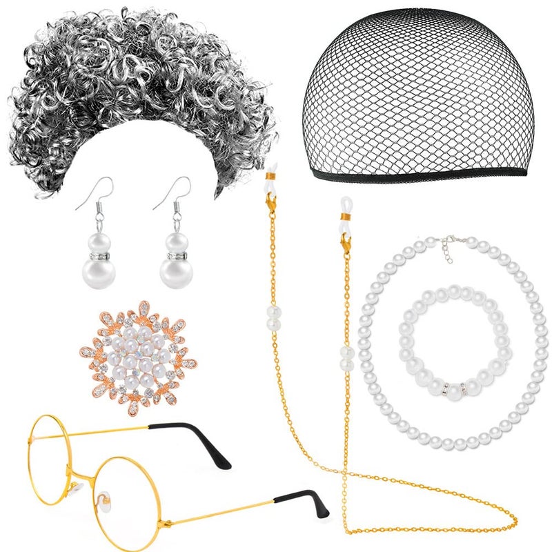 Yewong Old Lady Costume Cosplay Set Granny Wig Cap Glasses Chain Cords Faux Pearl Accessory Brooch (Silver-Grey) - Image 1