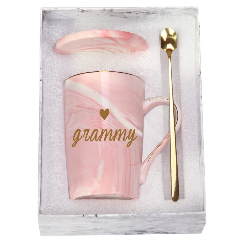 WENSSY Grammy Gift Grandma Coffee Mug Christmas Gifts for Grammy Grandma from Grandchildren 14 Ounce with Box Spoon Coaster Pink