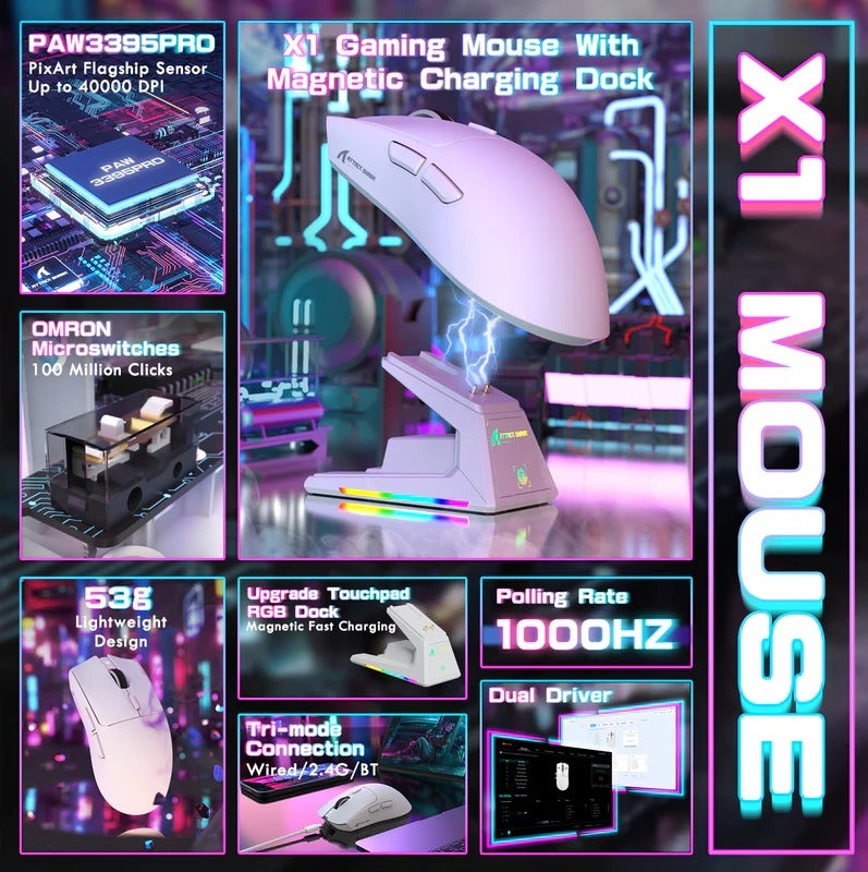 Attack Shark X1 Wireless Gaming Mouse 53g Ultralight, PAW3395PRO Sensor, 26000 DPI (40K Max), Tri-Mode BT/2.4G/Wired, 1000Hz Polling Rate, RGB Magnetic Charging Dock, 100M Click Omron Switches, Ergonomic FPS Mouse | White - Image 2