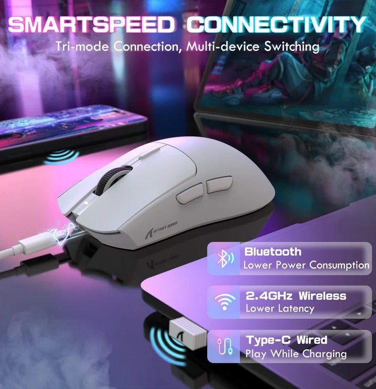 Attack Shark X1 Wireless Gaming Mouse 53g Ultralight, PAW3395PRO Sensor, 26000 DPI (40K Max), Tri-Mode BT/2.4G/Wired, 1000Hz Polling Rate, RGB Magnetic Charging Dock, 100M Click Omron Switches, Ergonomic FPS Mouse | White - Image 5