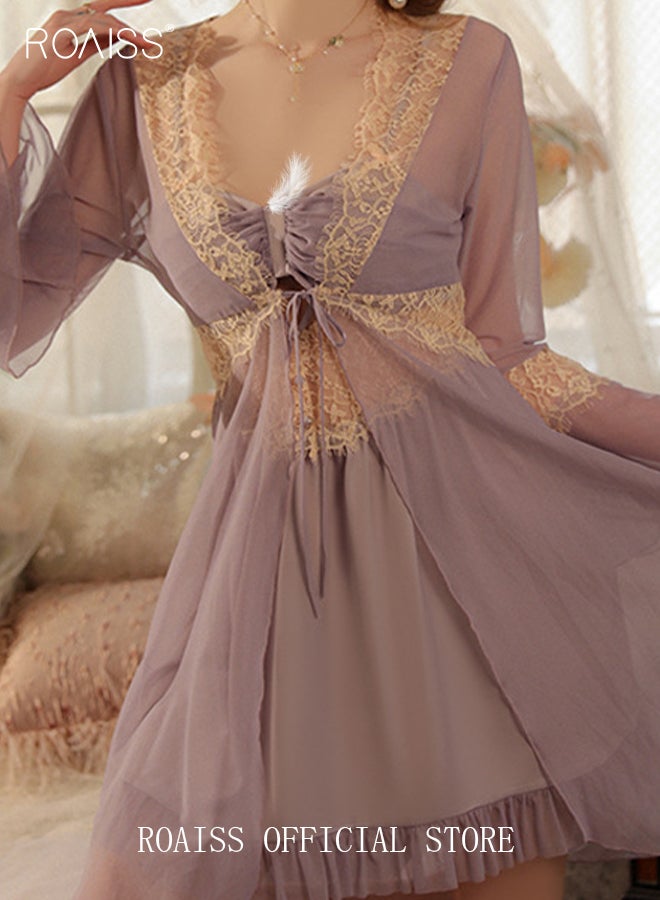 رويس مجموعة رداء للنوم مكونة من قطعتين للنساء تتضمن فستان ليلي حلو بحمالة عنق وملابس داخلية من الدانتيل مناسبة للنوم والاسترخاء في المنزل تعتبر ملابس نوم رومانسية وأنيقة ملابس نوم فاخرة - Image 3