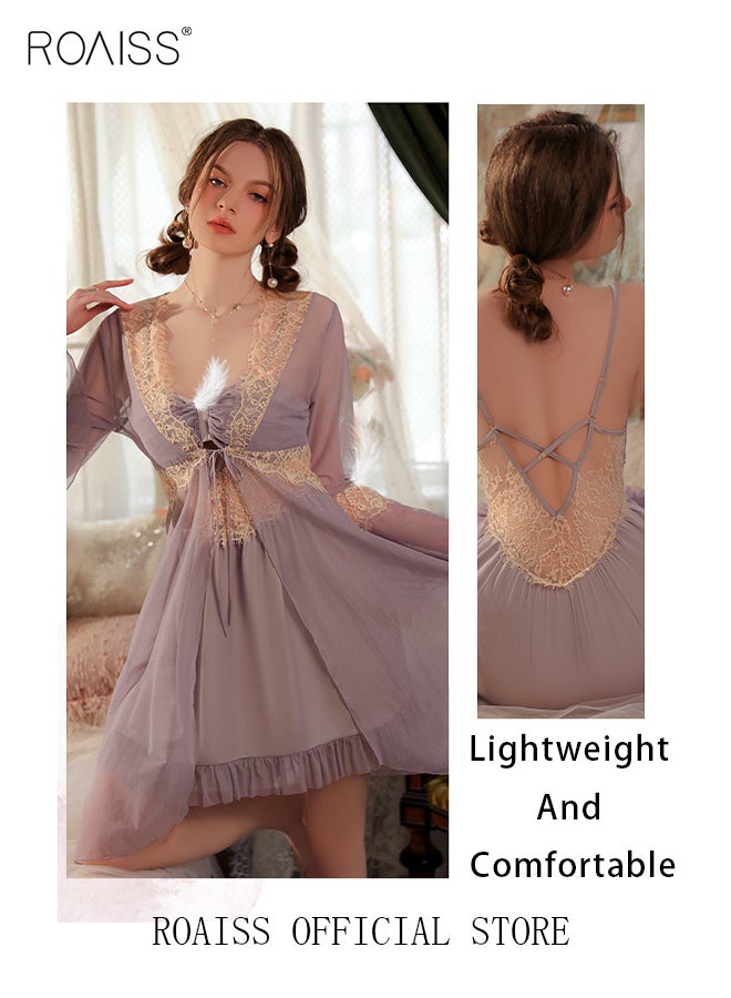 رويس مجموعة رداء للنوم مكونة من قطعتين للنساء تتضمن فستان ليلي حلو بحمالة عنق وملابس داخلية من الدانتيل مناسبة للنوم والاسترخاء في المنزل تعتبر ملابس نوم رومانسية وأنيقة ملابس نوم فاخرة - Image 4