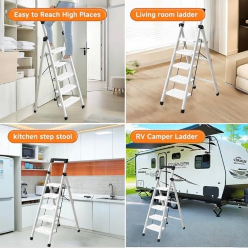 Step Ladder, Folding Step Stool with Anti-Slip Wide Pedal, 150 lbs Portable Square Head Ladder for Home, Kitchen and Outdoor White, 7 Steps - Image 2