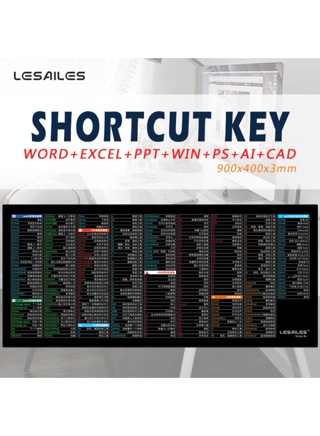 Lesailes Feidun Lesailes Keyboard Shortcuts Large Mouse Pad, Thickened Edge With Lock, Office Computer Desk Mat 900*400*3mm - Image 1