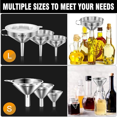 Walfos Stainless Steel Funnel, Walfos 6 Different Sizes of Kitchen funnels with 2 Removable Strainer ＆ 1Pcs Cleaning Brush, 200 Mesh Food Filter Strainer,for Transferring of Liquid, Oils, Jam, Powder - Image 3