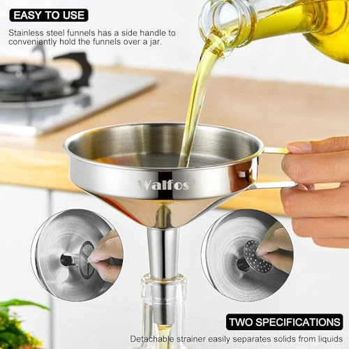 Walfos Stainless Steel Funnel, Walfos 6 Different Sizes of Kitchen funnels with 2 Removable Strainer ＆ 1Pcs Cleaning Brush, 200 Mesh Food Filter Strainer,for Transferring of Liquid, Oils, Jam, Powder - Image 2