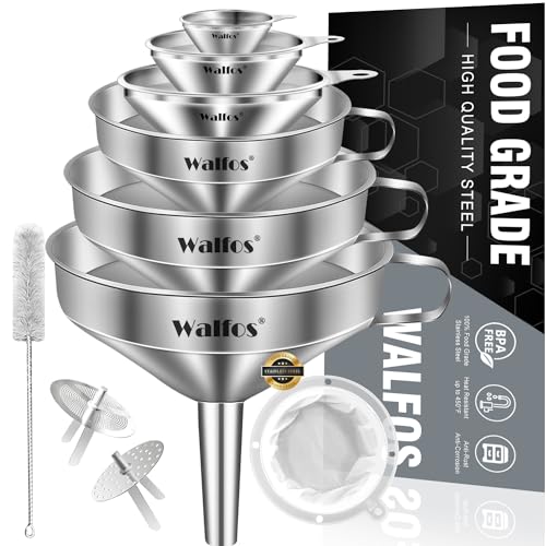 Walfos Stainless Steel Funnel, Walfos 6 Different Sizes of Kitchen funnels with 2 Removable Strainer ＆ 1Pcs Cleaning Brush, 200 Mesh Food Filter Strainer,for Transferring of Liquid, Oils, Jam, Powder - Image 1